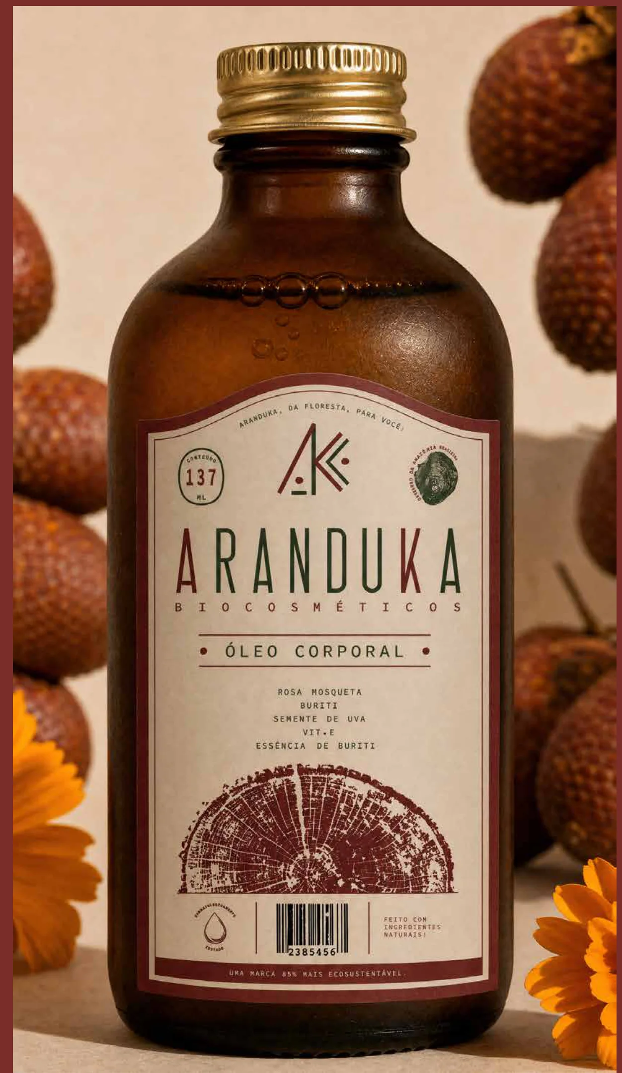 Frasco de óleo corporal com o rótulo Aranduka